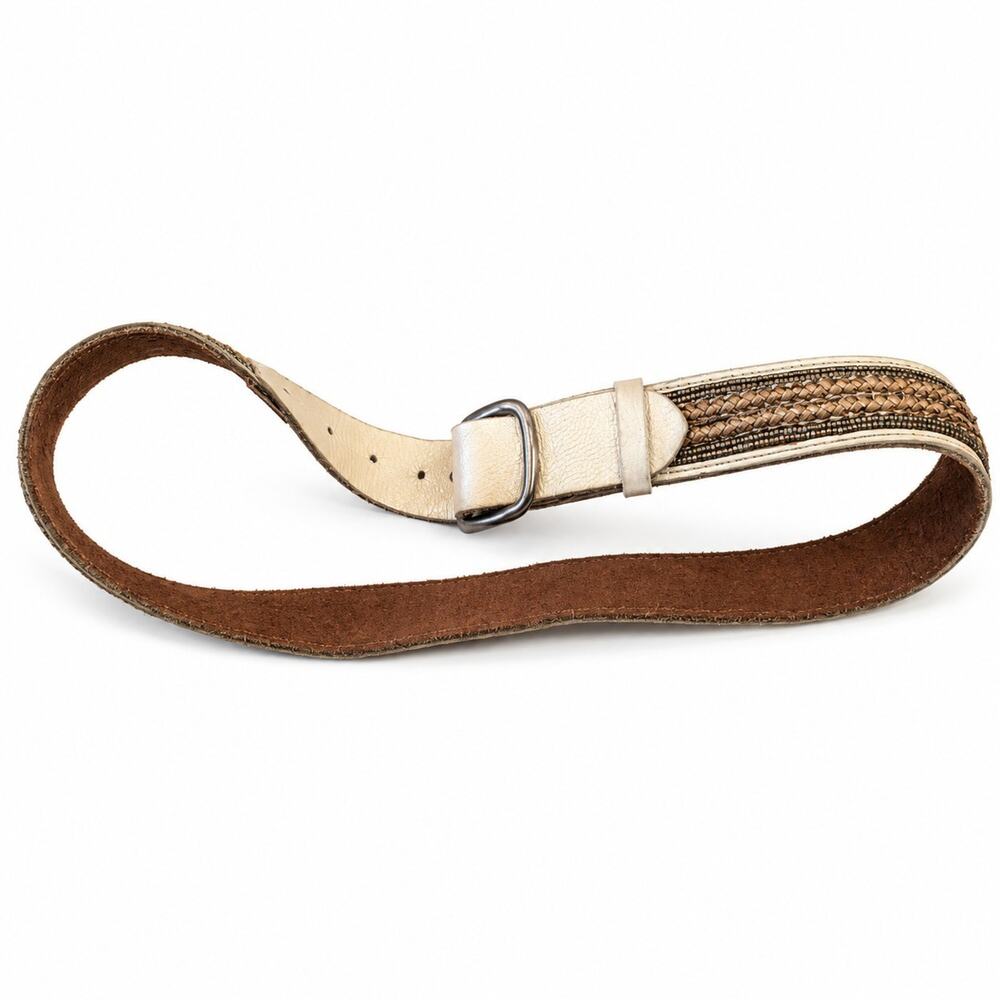 Lucky Brand Womens Large Champagne Gold Leather Beaded Braided Boho Belt